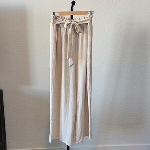 Cream Wide-Leg Pants with Tie Waist